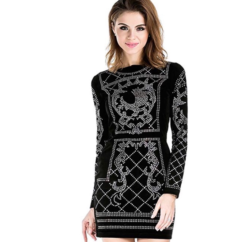 Long Sleeve Halter Studded Mini Dress